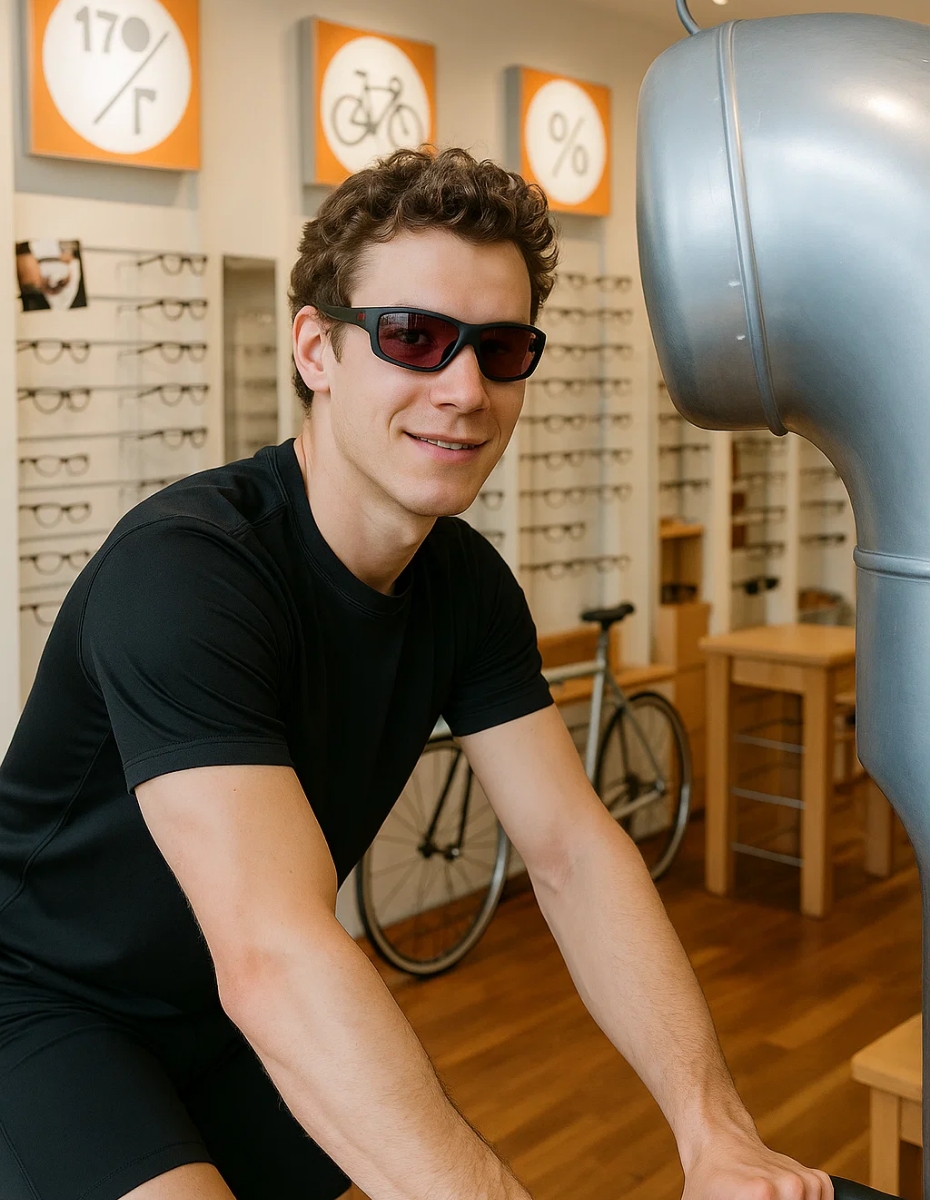 Mann mit Sportbrille vor Windkanal.